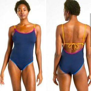 SOLD! Athleta Kapalua Navy Blue One-Piece with Tri-Color Trim Swimsuit